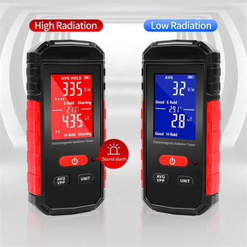 A close-up of the EMF meter's screen, showing electric and magnetic field measurements and a temperature reading.